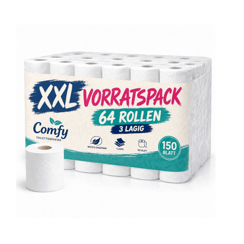 Comfy Toilettenpapier 64 Rollen – 3-lagig | 8×8 Pack | Hochweiß & Saugstark