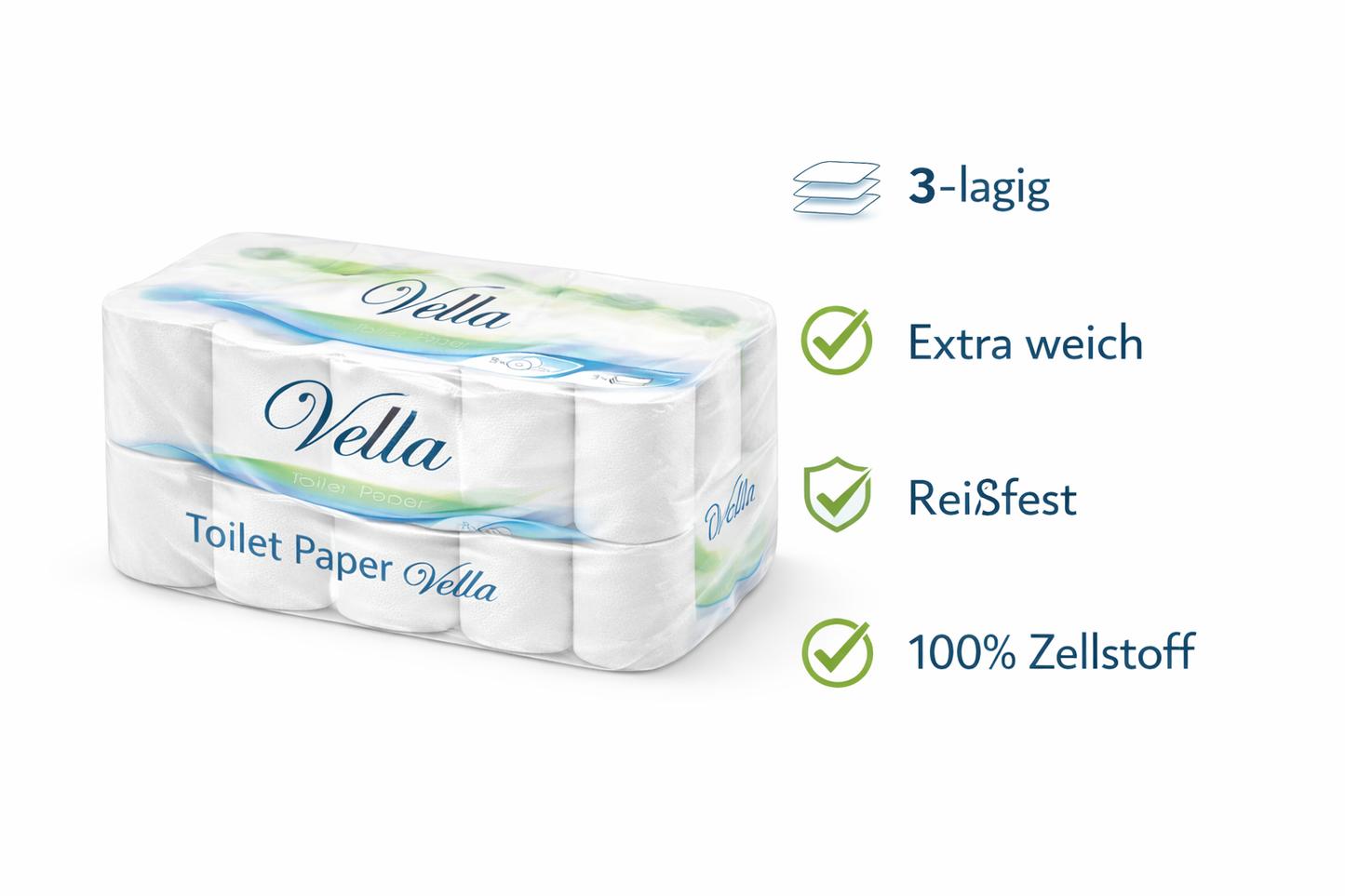 Vella Toilettenpapier 3-lagig – 72 Rollen à 250 Blatt – Extra weich & reißfest