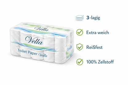 Vella Toilettenpapier 3-lagig – 72 Rollen à 250 Blatt – Extra weich & reißfest