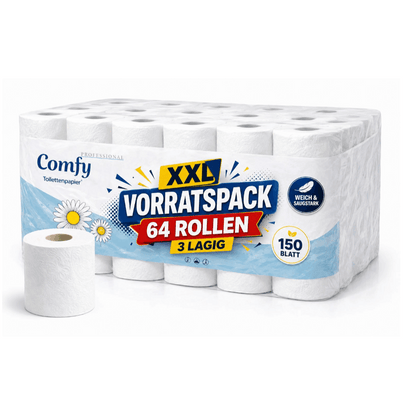 Comfy Toilettenpapier 64 Rollen – 3-lagig | 8×8 Pack | Hochweiß & Saugstark