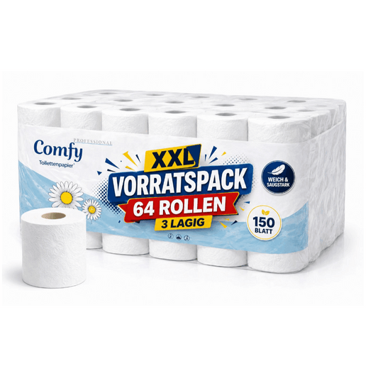 Comfy Toilettenpapier 64 Rollen – 3-lagig | 8×8 Pack | Hochweiß & Saugstark